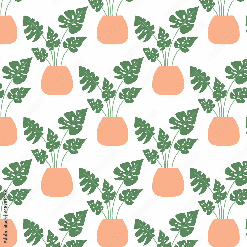 Seamless pattern with houseplant. Pattern with monstera. Vector illustration in hand drawn style. Seamless pattern with houseplant. Pattern with monstera. Vector illustration in hand drawn style.