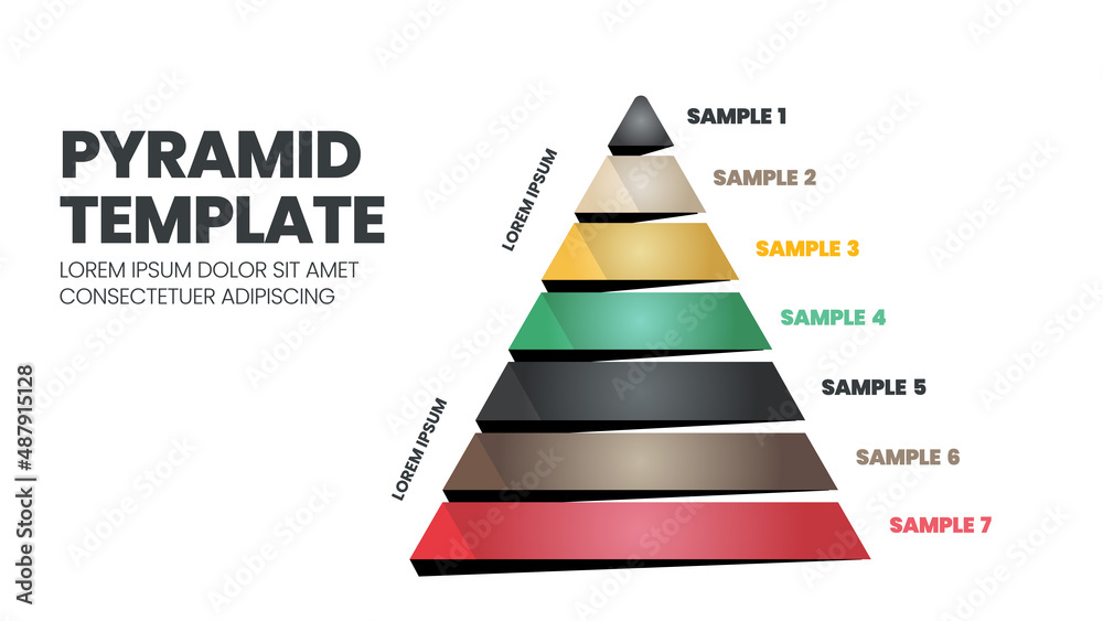 7 Steps of a pyramid or triangular template with editable text is for elements in a chart presentation slide. The hierarchy template is a modern colored vector illustration in a flat triangle shape. 