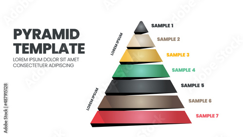 7 Steps of a pyramid or triangular template with editable text is for elements in a chart presentation slide. The hierarchy template is a modern colored vector illustration in a flat triangle shape. 