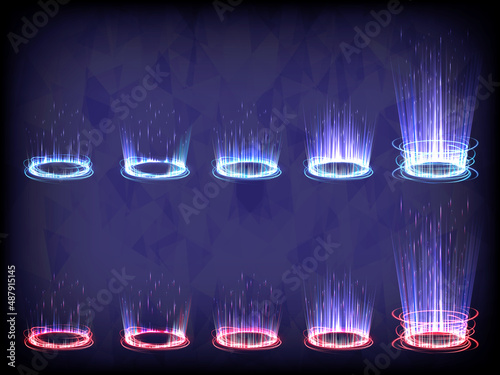 Sci-fi high-technology stage collection in glowing HUD. Hologram portal swirl light of science futuristic. Magic warp gate in game fantasy. Circle teleport podium. Rays, GUI, UI virtual reality users
