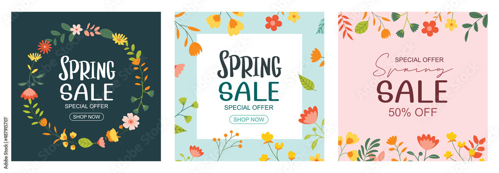 Spring sale banner background template with colorful flower.Can be use social media card, voucher, wallpaper,flyers, invitation, posters, brochure.