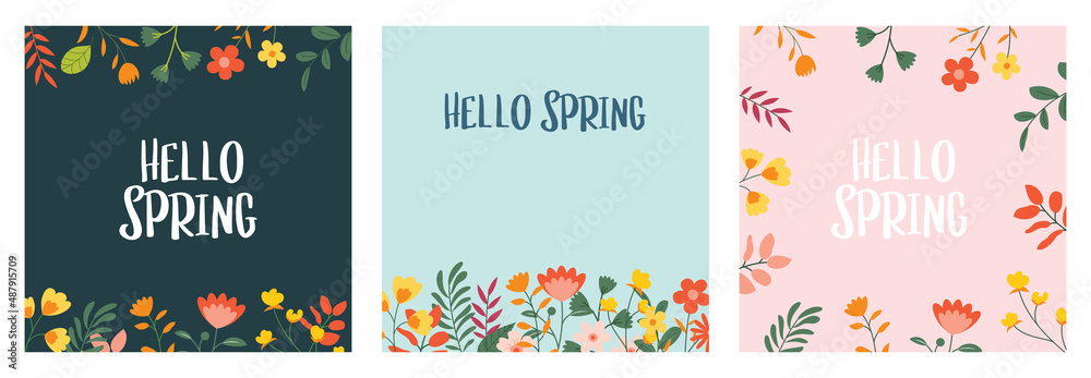 Hello spring banner background template with colorful flower.Can be use social media card, voucher, wallpaper,flyers, invitation, posters, brochure. Hello spring banner background template with colorful flower.Can be use social media card, voucher, wallpaper,flyers, invitation, posters, brochure.