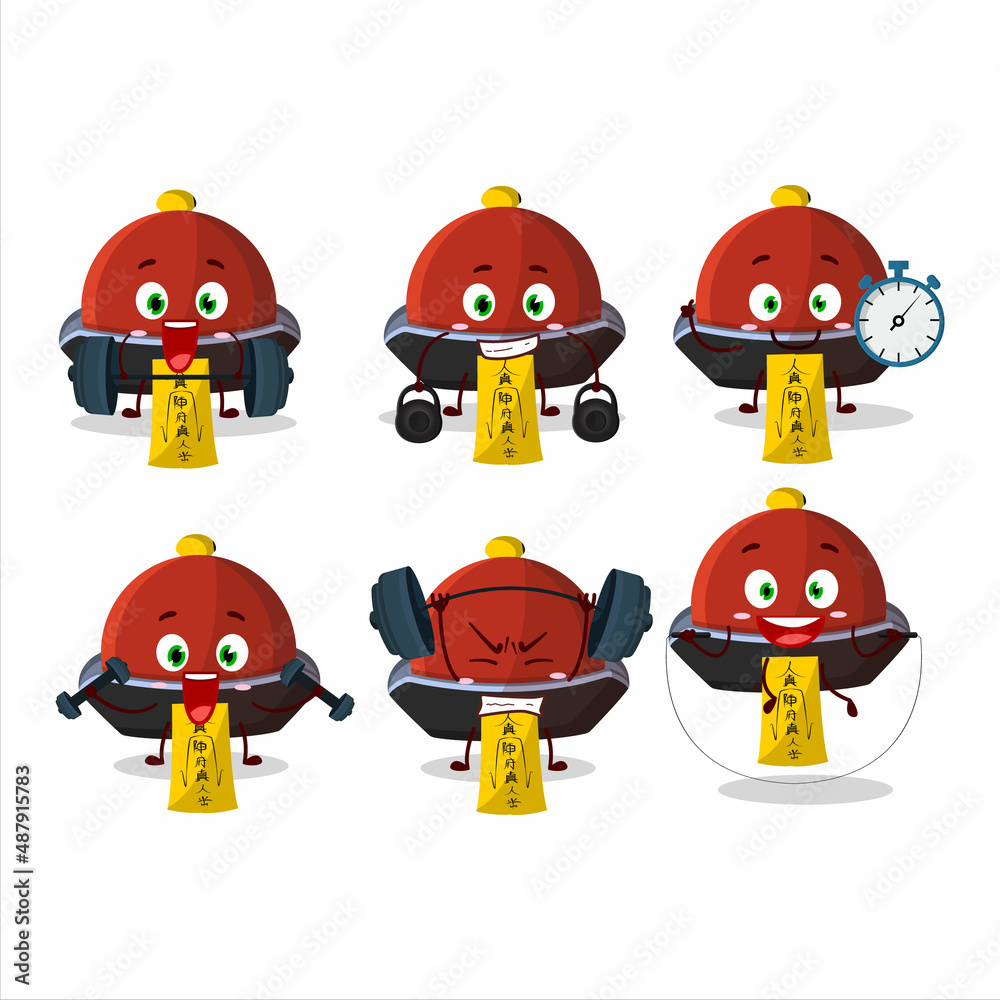 Fototapeta premium A healthy red vampire hat cartoon style trying some tools on Fitness center