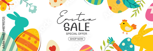 Easter sale banner design template with colorful eggs and flowers. Use for cover, advertising, flyers, posters, brochure, voucher discount.