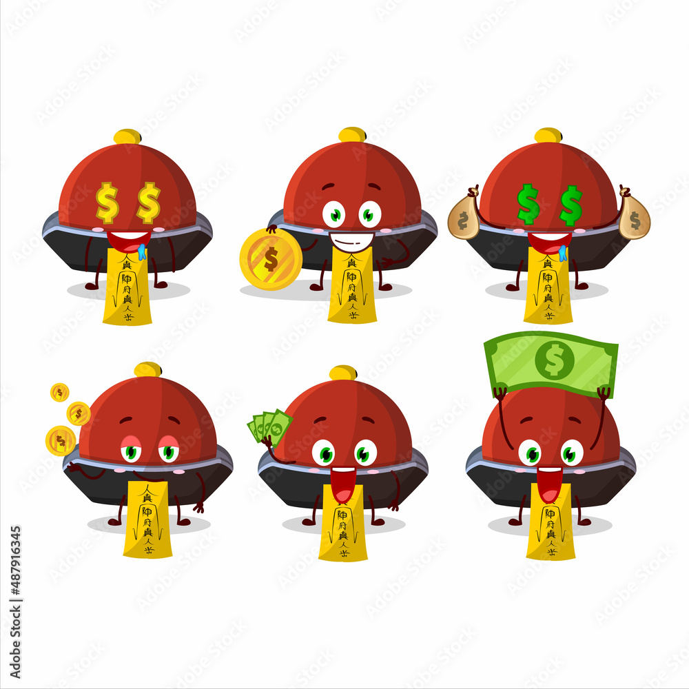 Fototapeta premium Red vampire hat cartoon character with cute emoticon bring money
