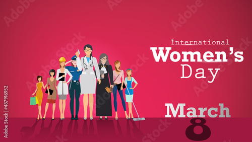 International women's day in march 8 and women 8 leader character art. Abstract background in pink color.