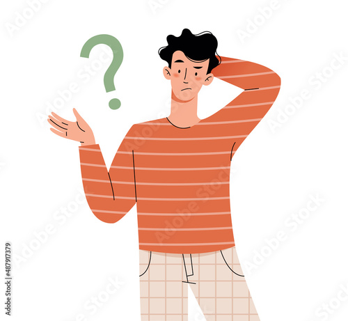 Perplexed guy with question marks. Isolated flat character on a white background.