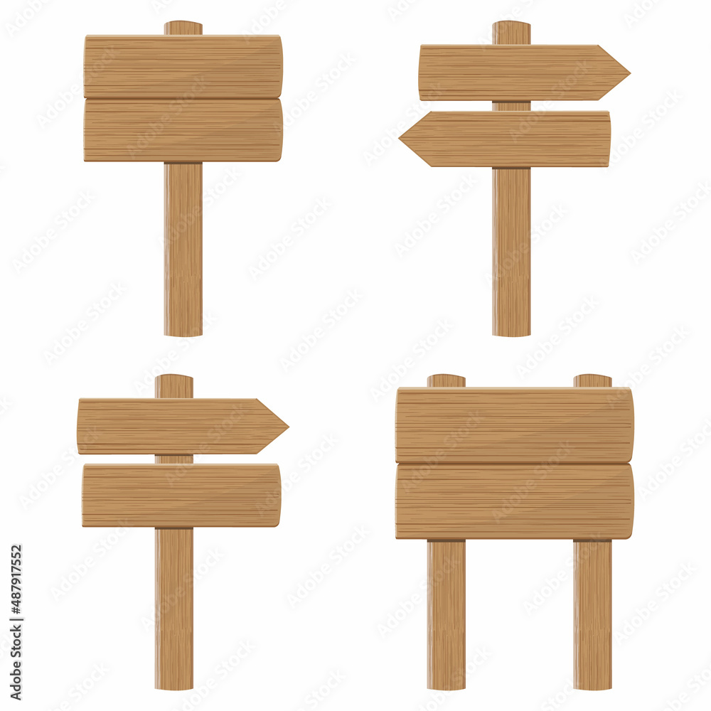 A set of wooden signs and directional arrows. Empty billboards made of wood, color vector cartoon illustration A set of wooden signs and directional arrows. Empty billboards made of wood, color vector cartoon illustration