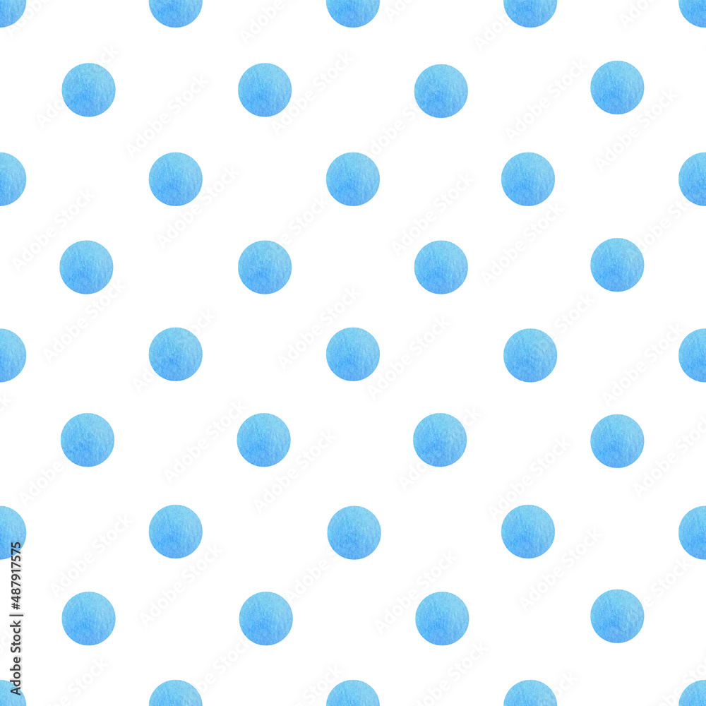 Seamless hand drawn watercolor pattern made of round blue dots, isolated over white. Polka light  blue dot  pattern on white bacdrop 