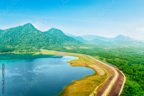 Jatiluhur reservoir with misty mountain background