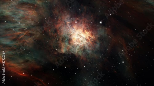 Seamless loop galaxy exploration through outer star space towards glowing orange blue cloud milky way galaxy. 4K looping animation of flying through glowing nebulae, clouds and stars field.  photo