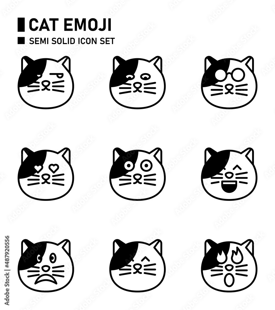 Fototapeta premium Cat emoji semi solid icon set.