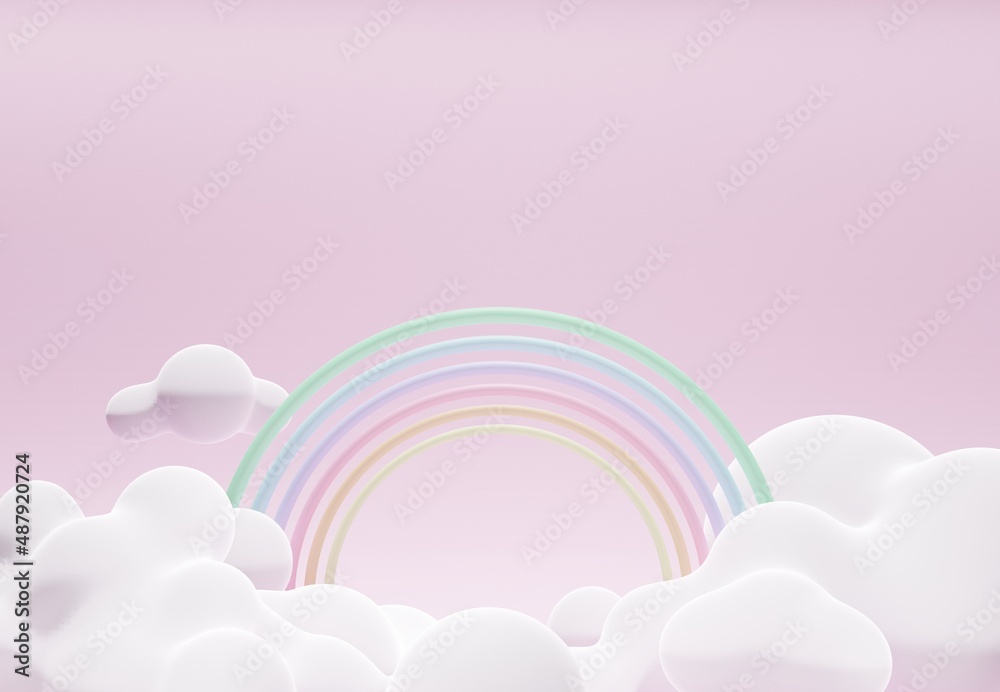 Stand and display colorful pastel clouds and rainbow in the baby room interior. 3D rendering. A scene for advertising, Minimalist mockup for podium display or showcase.