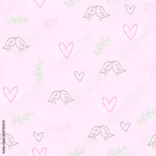 Cute pink pattern with doodle line the birds are kissing, bows, hearts. Textiles for children, fabric, book, bedroom, baby. Digital paper scrapbook, seamless background.