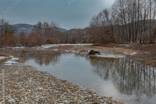 Trees are reflected in the water. A cloudy day in the foothills of the Caucasus. A rare forest with a little snow in winter on a cloudy overcast day.