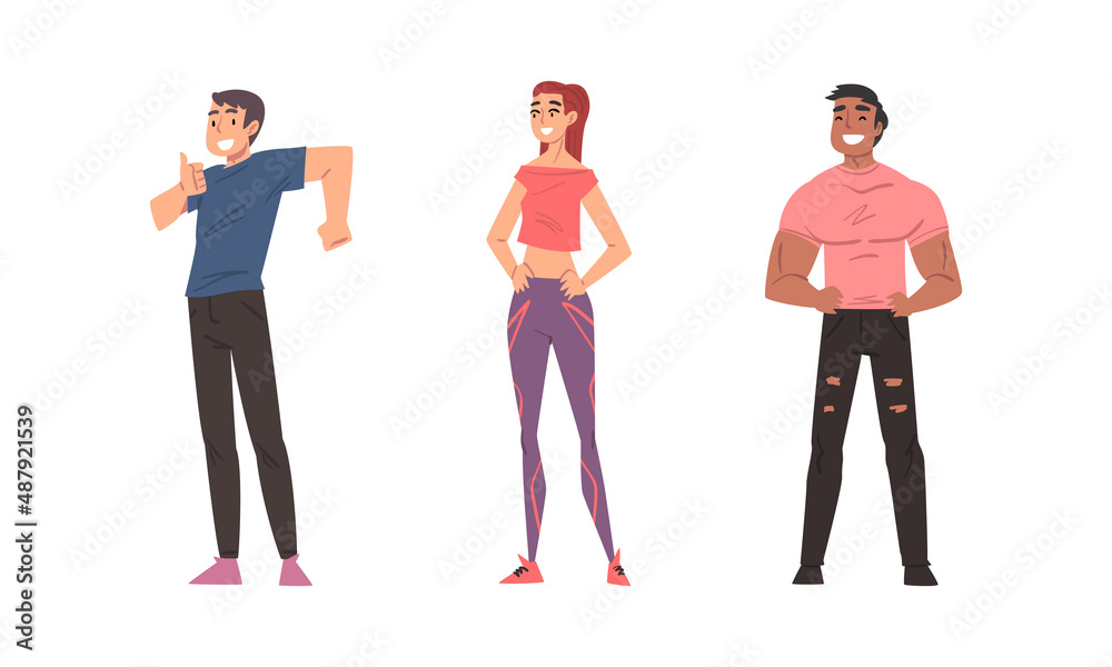 Fototapeta premium Cheerful smiling young people in casual outfit standing together cartoon vector illustration