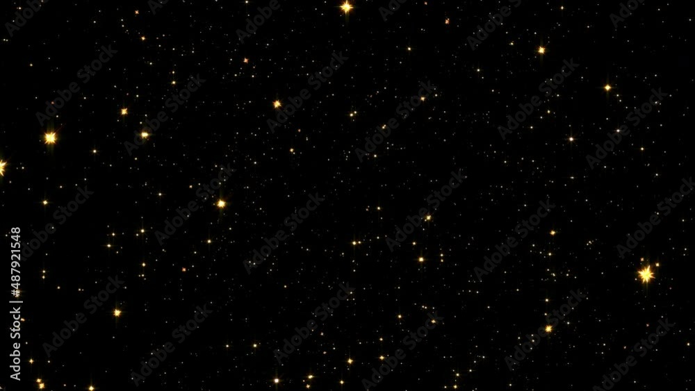4K 3D seamless loop of shinny gold stars animation on black background. Graphic motion overlay effect loop with galaxy sky twinkling light in the space animation. Galaxy space exploration and rotation