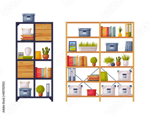 Wooden bookcases set. Furniture for home or office modern interior vector illustration