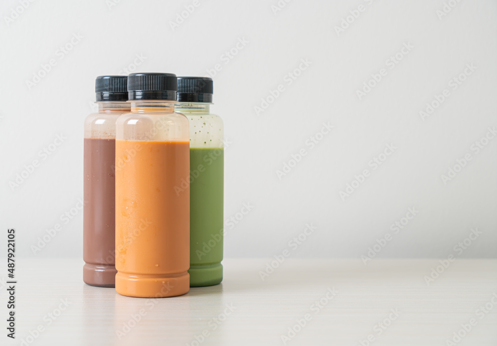 chocolate, Thai milk tea and Matcha green tea in plastic bottle chocolate, Thai milk tea and Matcha green tea in plastic bottle