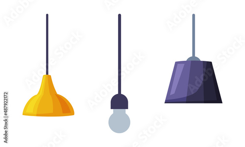 Metallic stylish hanging ceiling lamps set, cozy room interior element vector illustration