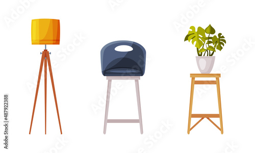 Houseplants on wooden stand, floor lamp and chair vector illustration