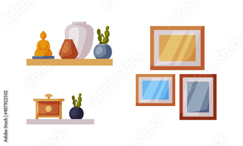 Frames on wall and ceramic vases on wooden shelf vector illustration