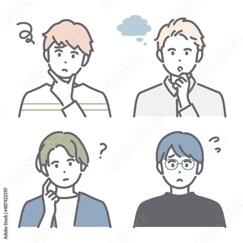悩んだり、困ったりしている若い男性のアイコンイラスト素材