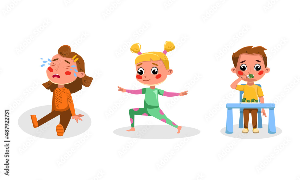 Kid daily routine activities set. Girl is crying, doing sports exercises. Boy eating healthy food cartoon vector illustration Kid daily routine activities set. Girl is crying, doing sports exercises. Boy eating healthy food cartoon vector illustration