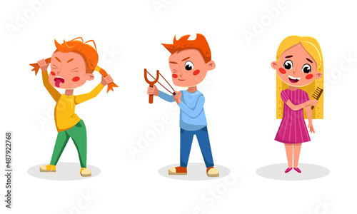 Diligent and mischievous children set cartoon vector illustration