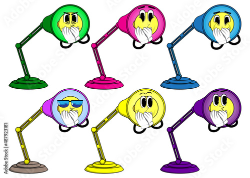 Night Table Lamp with hands over mouth. Office Light cartoon character with face.