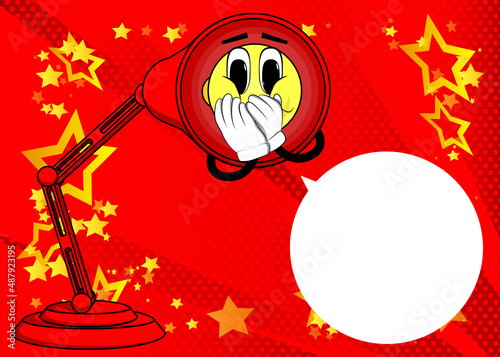 Night Table Lamp with hands over mouth. Office Light cartoon character with face.
