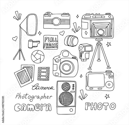 Vector photo cameras sketch set. Hand drawn style. Different types of cameras in retro and modern style. Doodle accessories for photographers. Flash, lens, light, lens