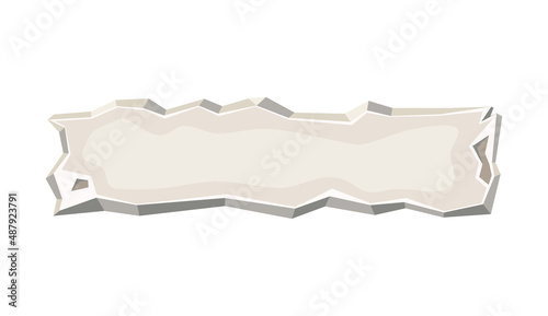 Rectangle stone tablet. Gray frame, block boulder for interface ui games. Rock banner with cracked elements. Vector cartoon illustration isolated on white background