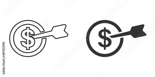 Darts target with dollar icon in flat style. Budget deposit vector illustration on isolated background. Strategy achievement sign business concept.
