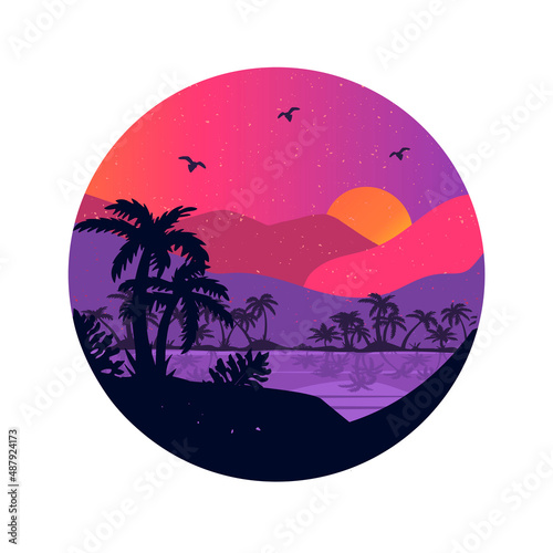 tropical landscape vector illustration. landscape with palm trees in round frame very peri, vector.palm trees, sea, orange sun mountains vector drawing.eps