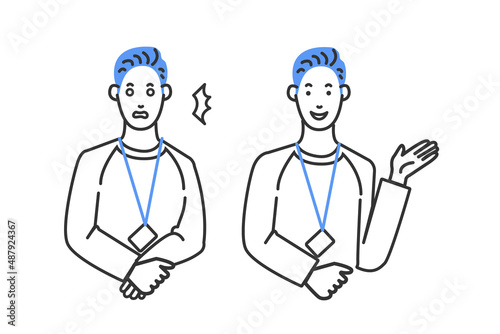 ベンチャーIT企業のエンジニアをイメージしたのアジア人好青年の表情のバリエーションの白バックのシンプルな線画のイラスト