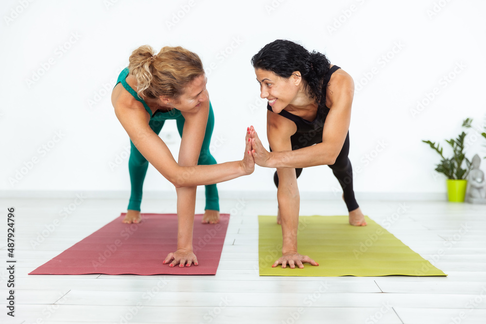 Obraz premium Two yogi women practice plank exercise together and high five in yoga studio