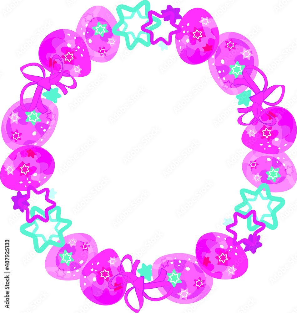 A wreath. Easter egg frame. Round sublimation of Easter colorful eggs and bows. Bright cartoon picture. For the church celebration of the consecration of eggs.