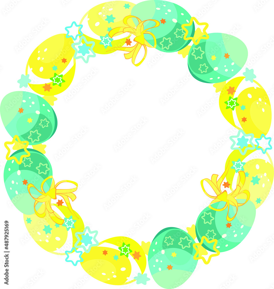 A wreath. Easter egg frame. Round sublimation of Easter colorful eggs and bows. Bright cartoon picture. For the church celebration of the consecration of eggs. A wreath. Easter egg frame. Round sublimation of Easter colorful eggs and bows. Bright cartoon picture. For the church celebration of the consecration of eggs.