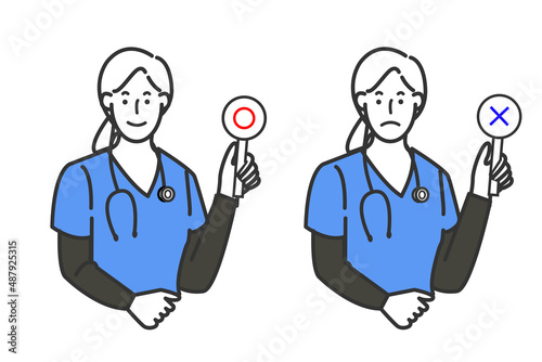 Wallpaper Mural 手術技姿で聴診器をしたの女医さんのマルバツやオッケーなどの表情バリエーションの白背景に線画のシンプルなイラスト Torontodigital.ca