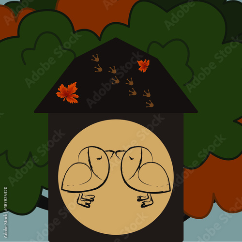 Vector illustration of a tree house. bird house. Bird love. bird outline