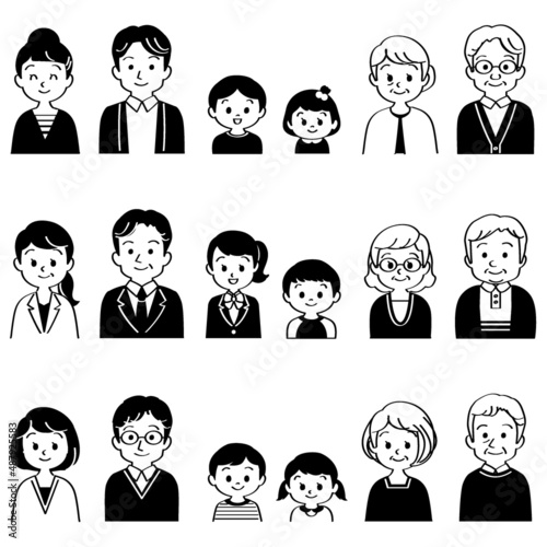 イラスト素材セット：笑顔で正面を向いた3組の3世代家族（バストアップ/主線あり/白黒）
