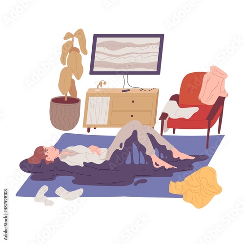 A woman lies in apathy on the floor. A symptom of schizophrenia. Conceptual illustration of a mental disorder. Flat cartoon picture.