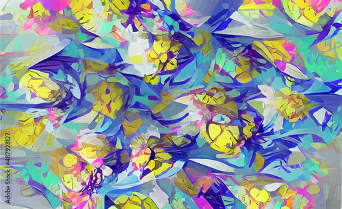 Bright abstract pattern of spring blooming flowers. Hand-drawn illustration in bright colors. roses, tulips, cornflowers in a sunny meadow. poster design, postcard for the holiday. © Andrew