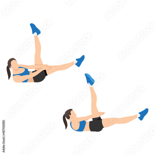 Woman doing Side crunch leg raise exercise. Flat vector illustration isolated on white background
