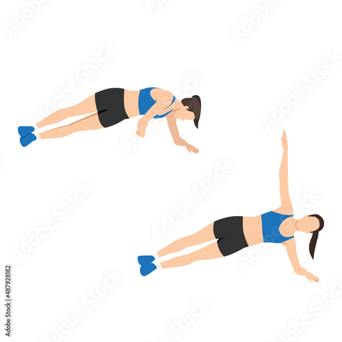 Woman doing Side plank rotation exercise. Flat vector illustration isolated on white background