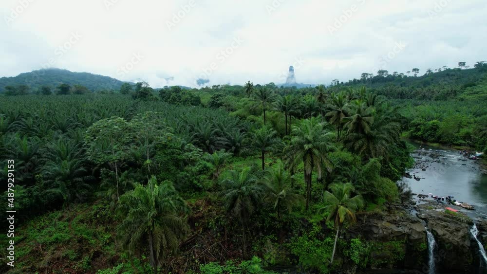 Aerial view in front of the Pesqueira falls revealing the Pico Cao Grande mountain in the background, in Sao Tome - ascending, drone shot Aerial view in front of the Pesqueira falls revealing the Pico Cao Grande mountain in the background, in Sao Tome - ascending, drone shot