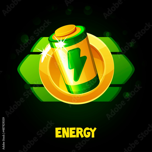 Cartoon golden energy battery in a frame for the game.
