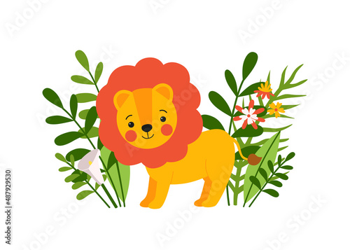 Cute baby lion standing in the green grass. Funny kids illustration with little african wild animal for posters  textile or print on any surface