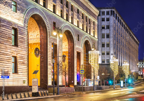 Arches of the Central Children's World store on Lubyanskaya Square in Moscow in the light of night lights. Caption: Lubyanka Square © yulenochekk